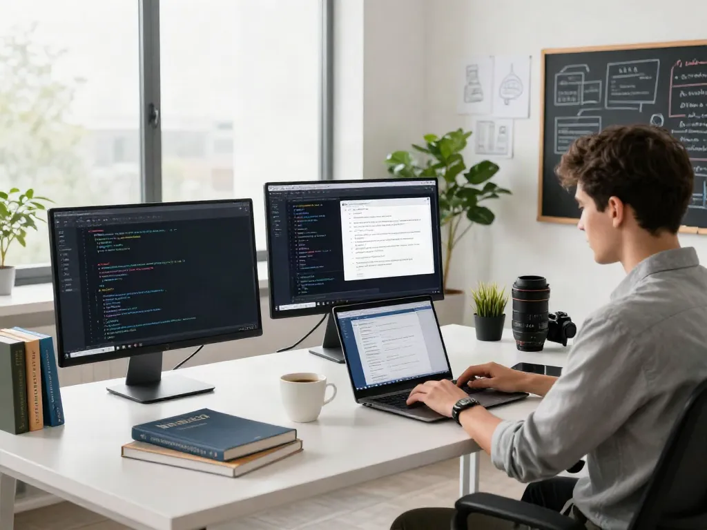 Developer utilizing an OpenAI-compatible API for multiple models at a modern workspace