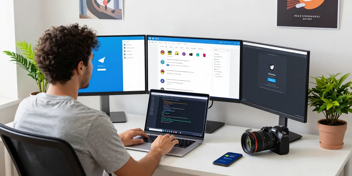 Download Telegram on a modern workspace with multiple screens displaying app instructions and chat.