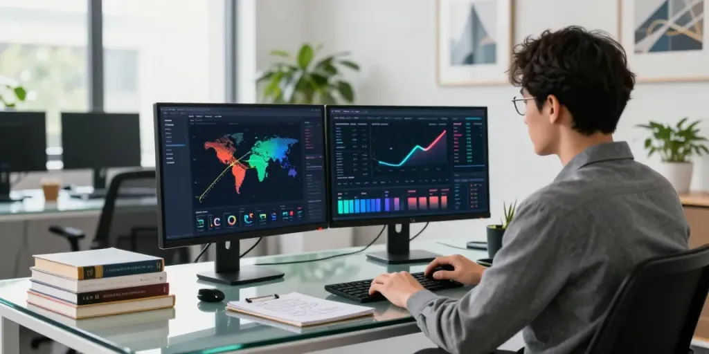 Data analyst using a GEO tracking tool in a modern tech workspace with analytics displayed.