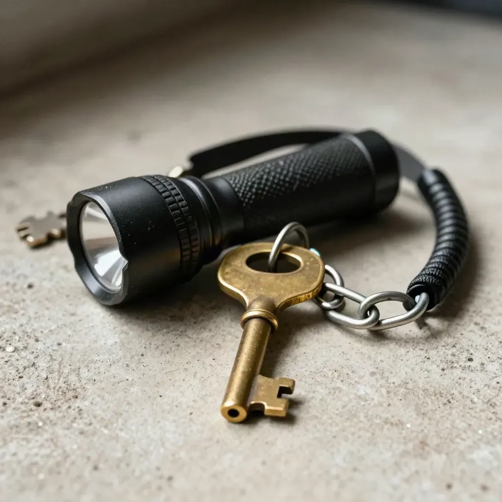 Brasssleutel, zaklamp, lanyard en ketting op beton in dramatisch licht