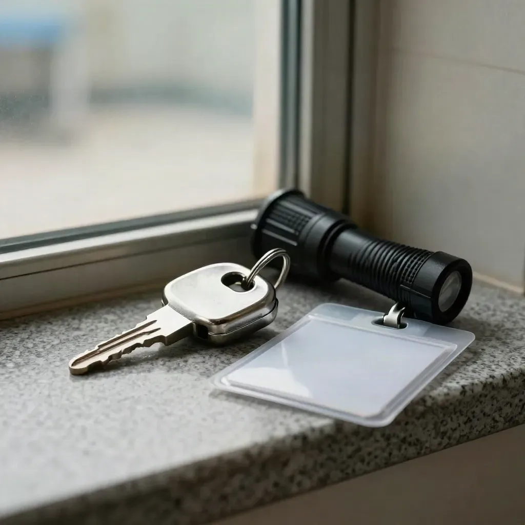 Macroscherpe beveiligingsset voor een ziekenhuis met sleutelhanger, zaklamp, badgehouder en handschoenen.