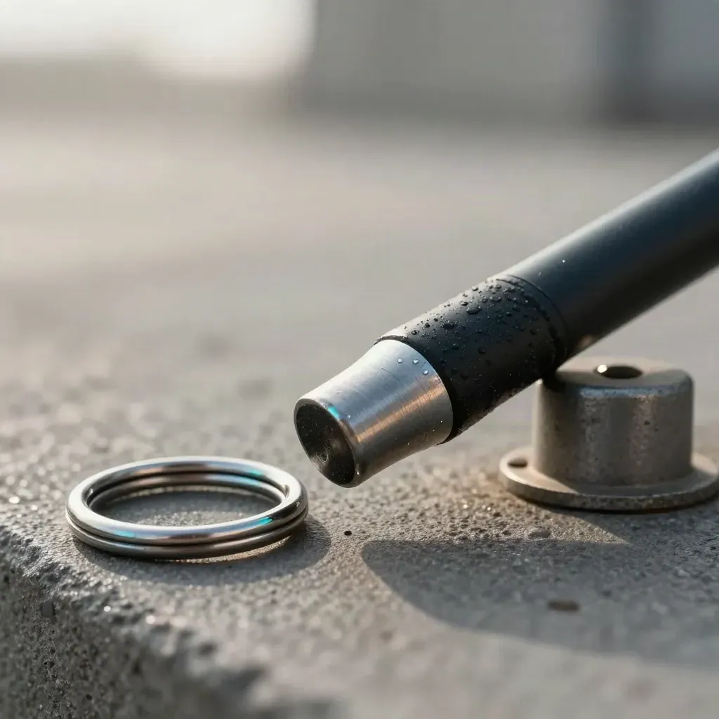 Macro van een beveiligingsronde-stok tegen een metalen postmarker met lichte nevel.