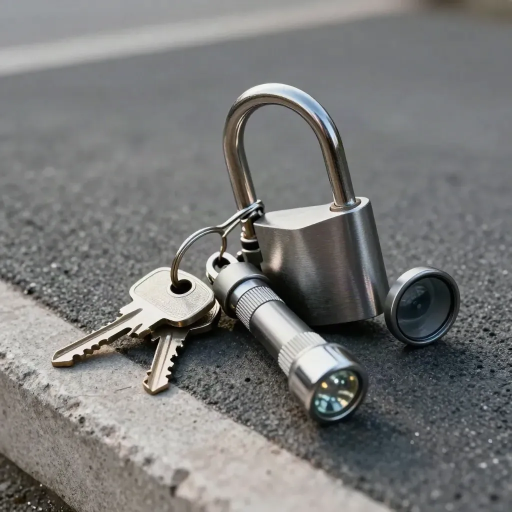 Universitaire patrouillekit met U-slot, sleutels, fob en zaklamp op donkere betontrap.