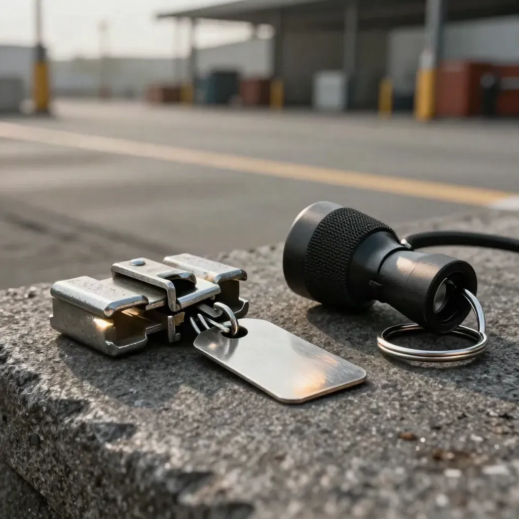 Dockseal, stalen tag, inspectietorch en rubber sleutelring op ruwe steen in magazijnnevel.