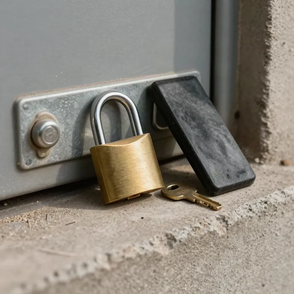 Sluitlot met hangslot, sleutel en deurwig op een ruwe betonnen drempel.