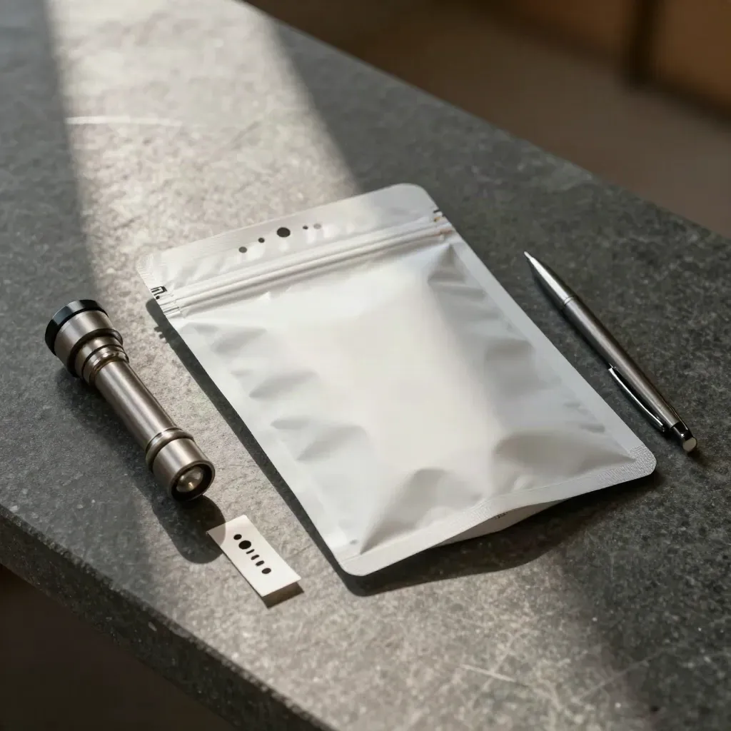 Verzegelde incidentenpouch met zaklamp, sealstrip en penkap op donker steen.