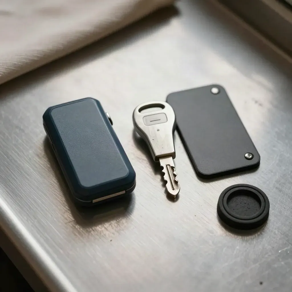 GPS-tracker, sleutel en houder op geborsteld metaal, van boven gefotografeerd.