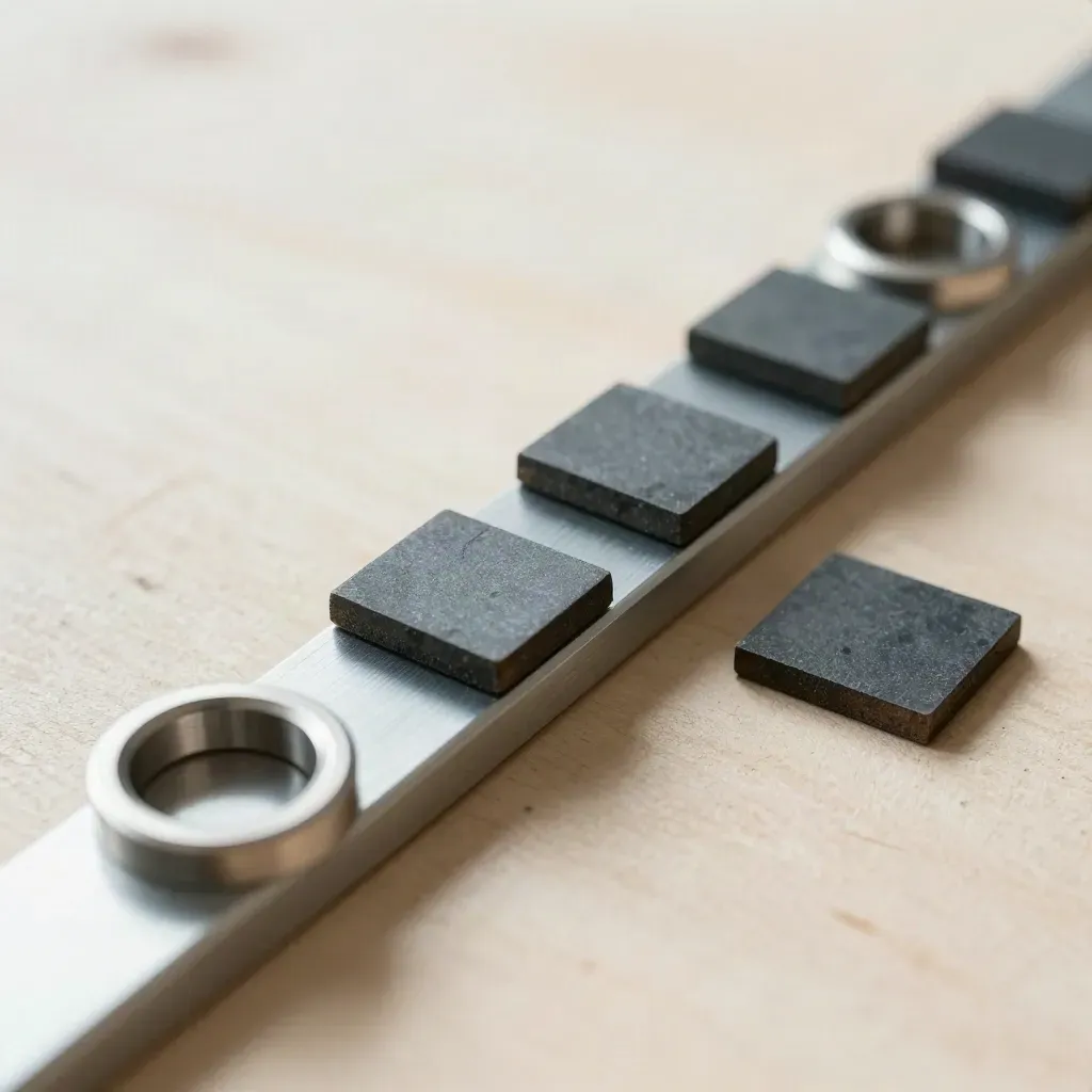 Metalen shiftplanning-tabs op een rail op licht hout met zachte daglichtschaduw.