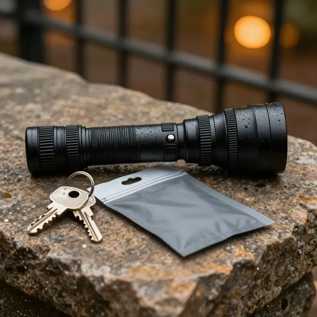 Patroltorch, sleutels en verzegelde bewijszak op warme steen met amber licht.