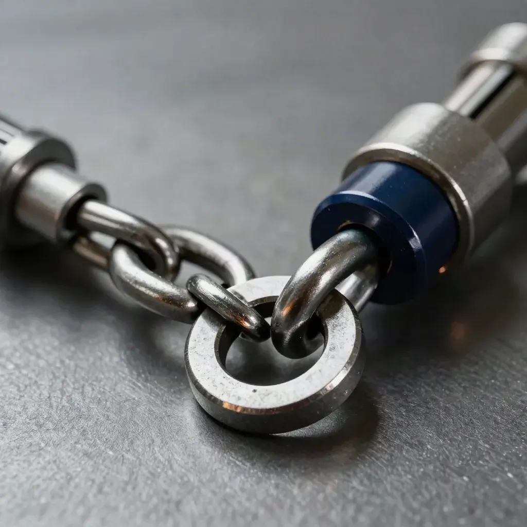 Metalen schakels en connector op grafiet, dramatisch uitgelicht in close-up.