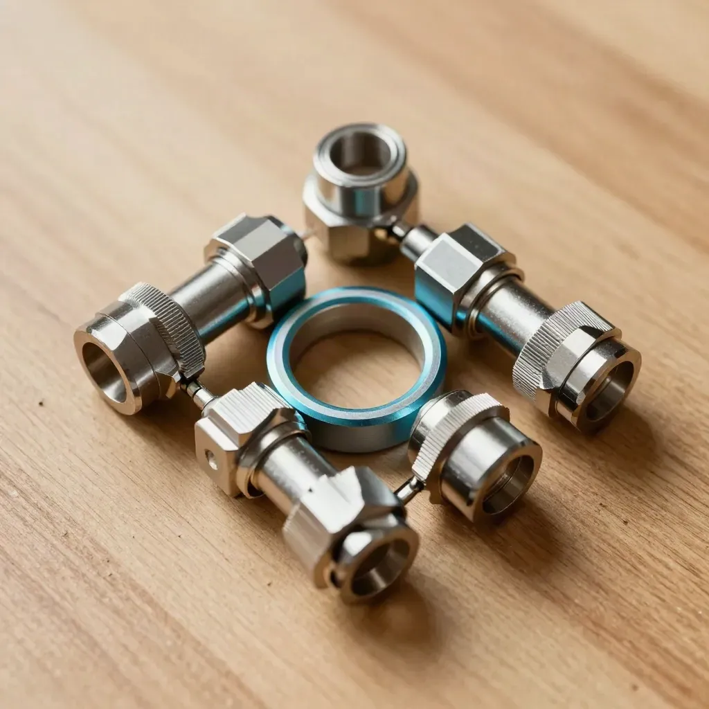 Vier metalen connectors en een spacer ring in vierkant op warm hout, van boven gefotografeerd.