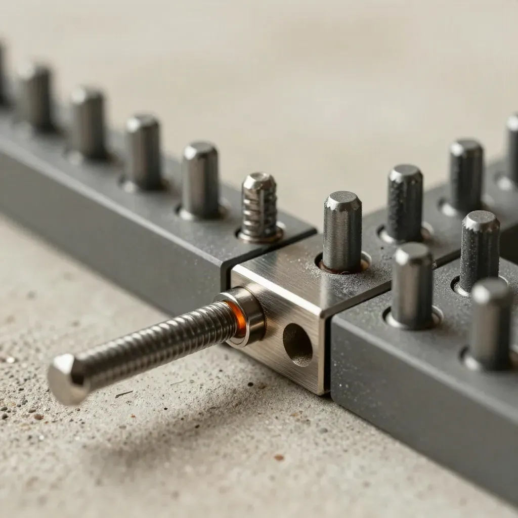 Modulaire blokken en pinnen klikken samen op beton met een warme amberglans.