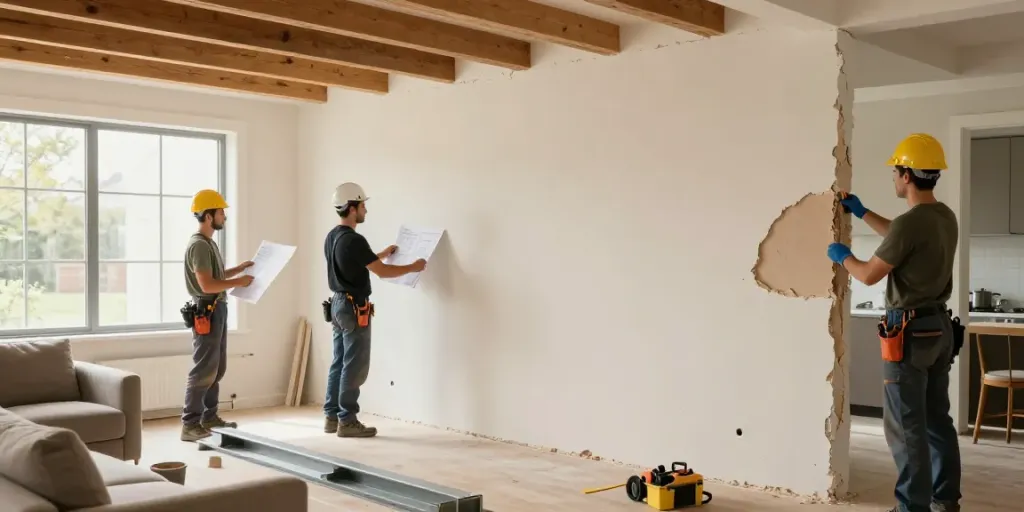 Professionele team van MJ Renovatie verwijdert een draagmuur in een stijlvolle woonkamer.